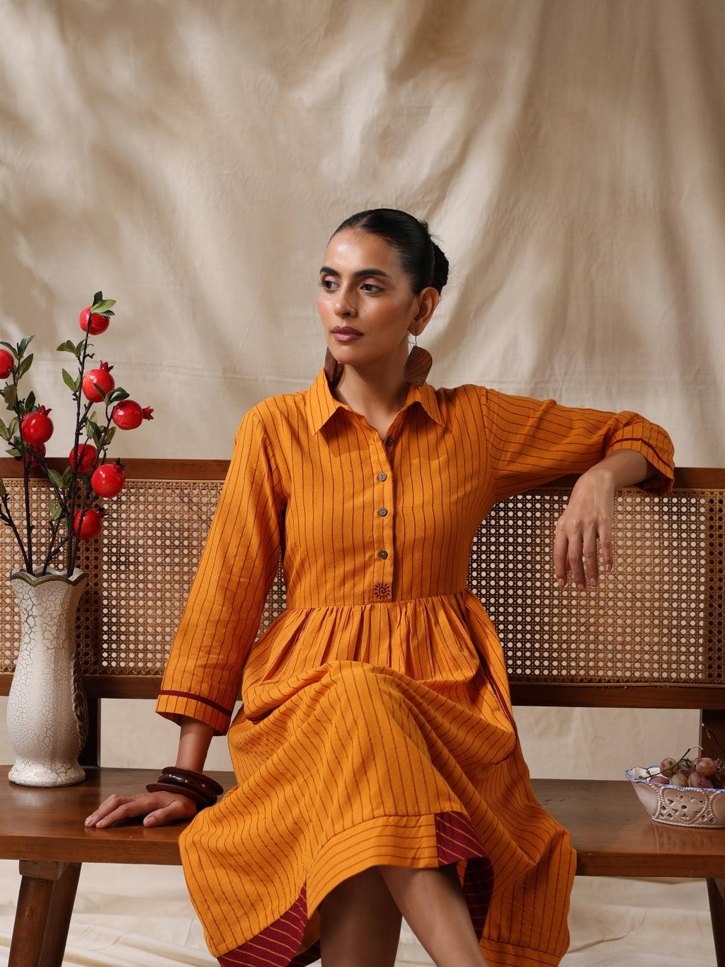 Sonpari- Yellow striped front gather dress