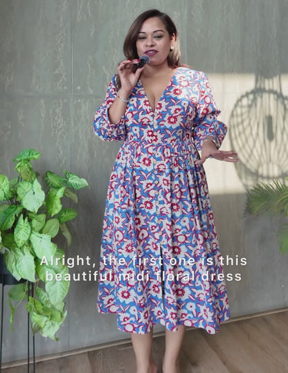 Floral fields- Deep neck floral dress with flouncy sleeves