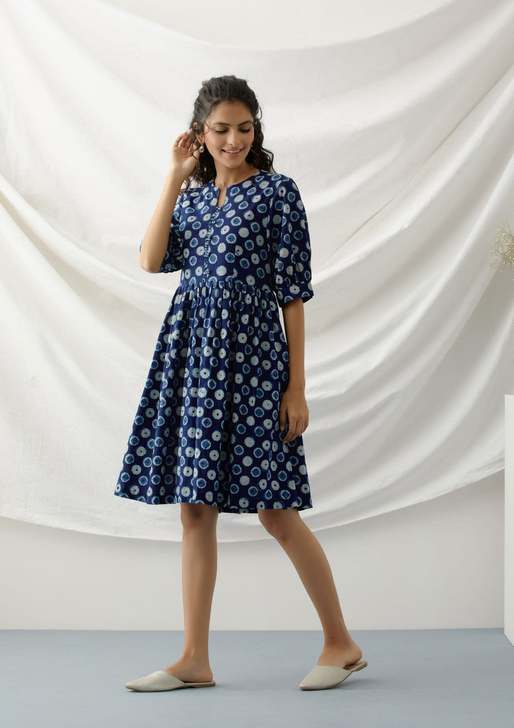 Baadal- Indigo polka dot short dress