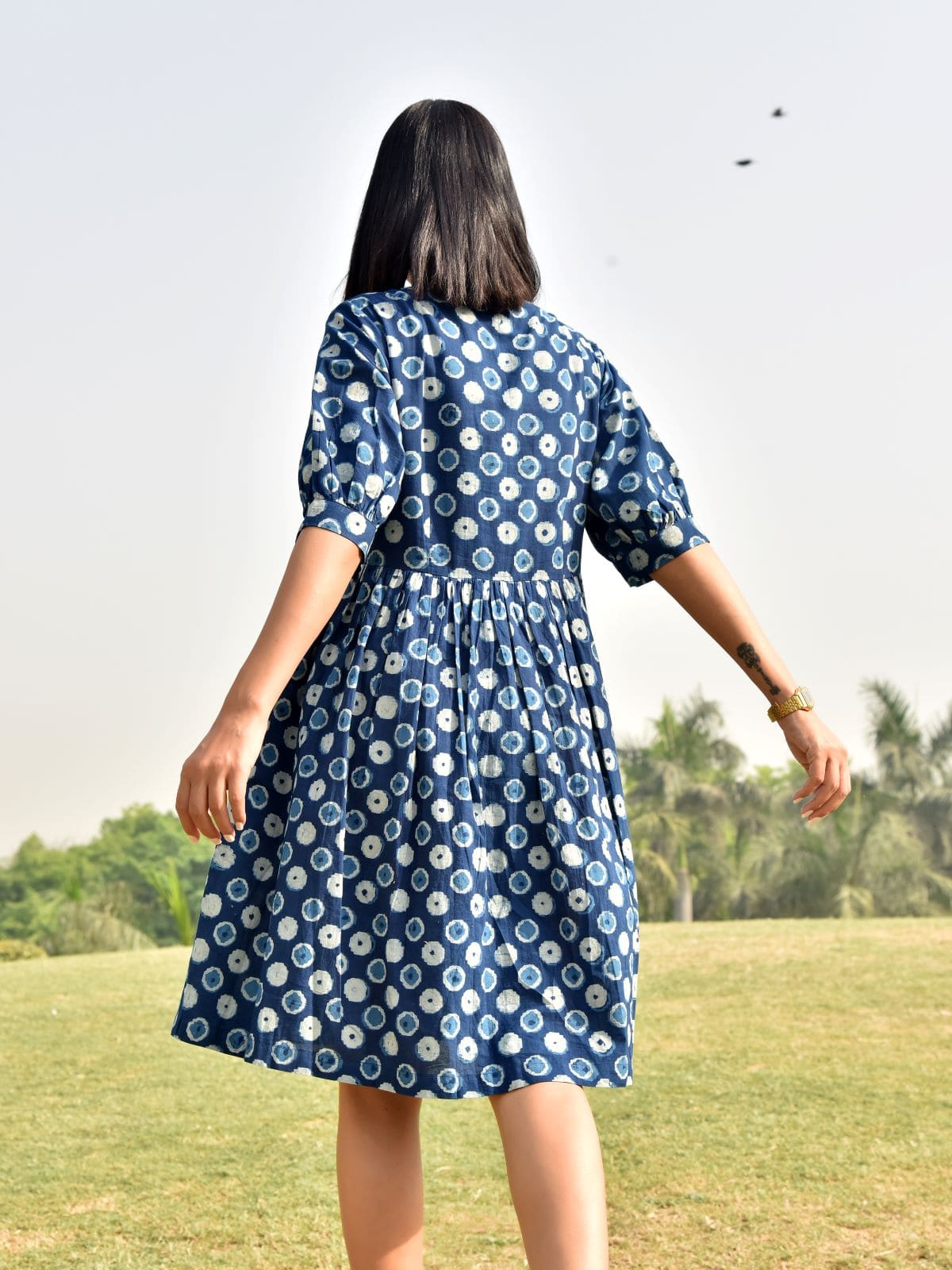 Baadal- Indigo polka dot short dress