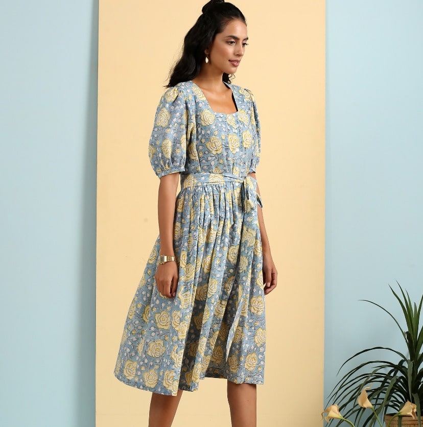 ON SALE- Yellow roses dress with pleats