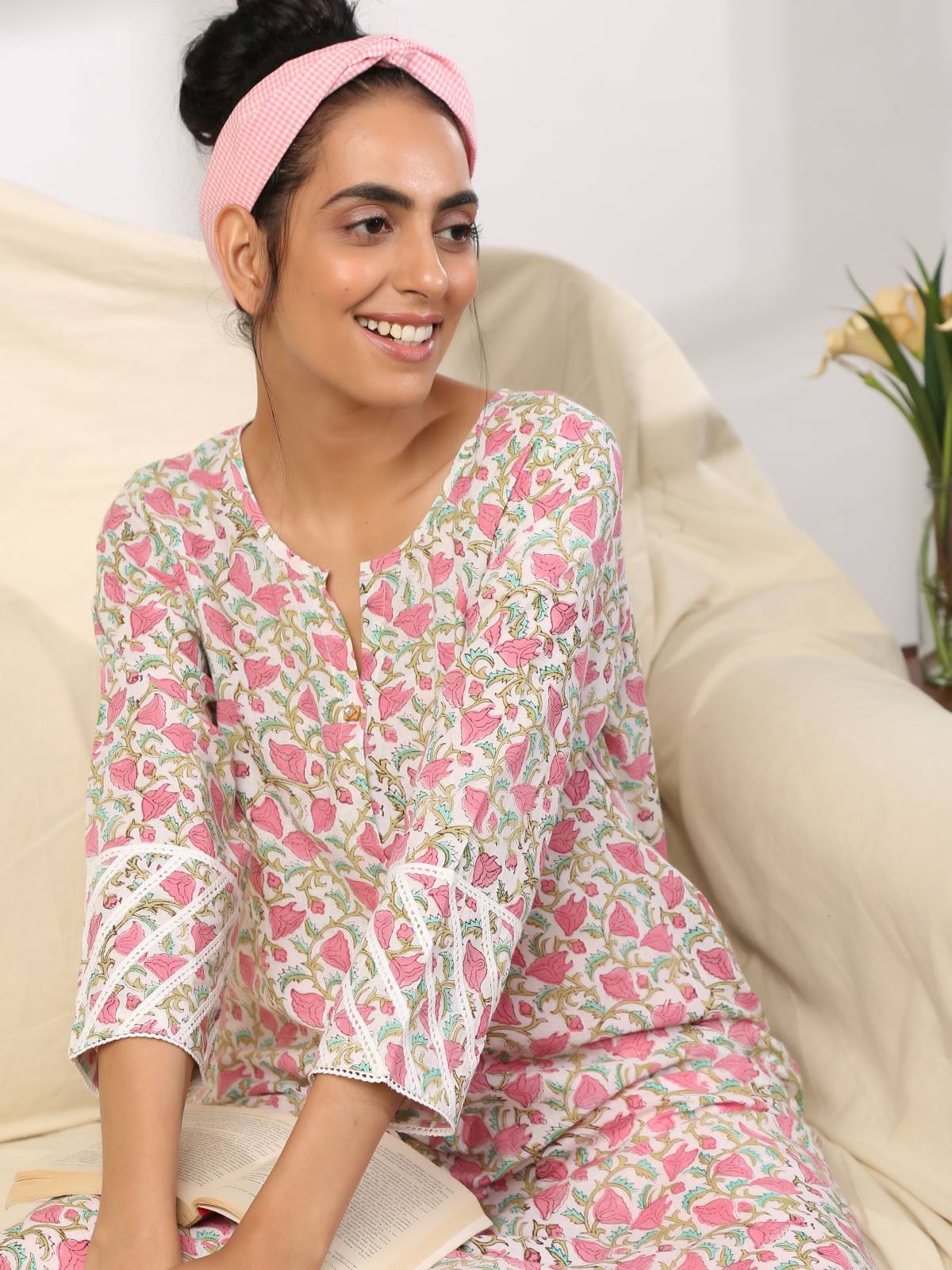 Pink cotton kurta with checked loose pants (Womens Loungewear set) - Label Raasleela