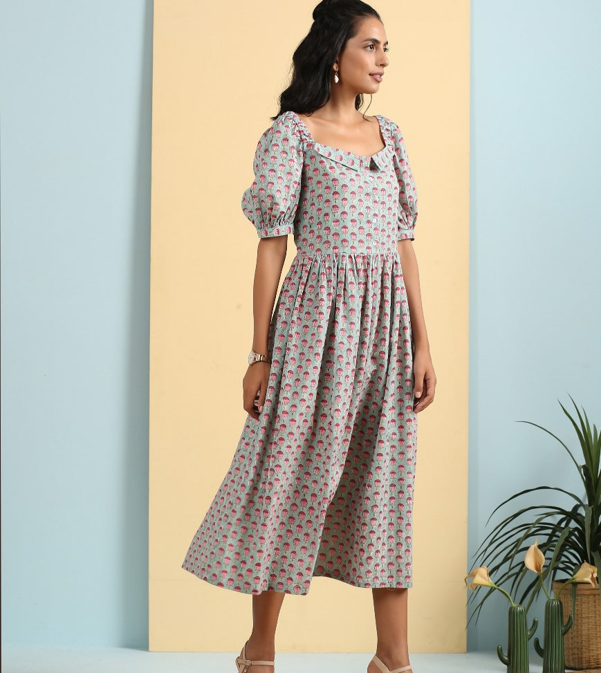 Blue off shoulder midi dress with puff sleeves- SAMPLE SALE- S SIZE