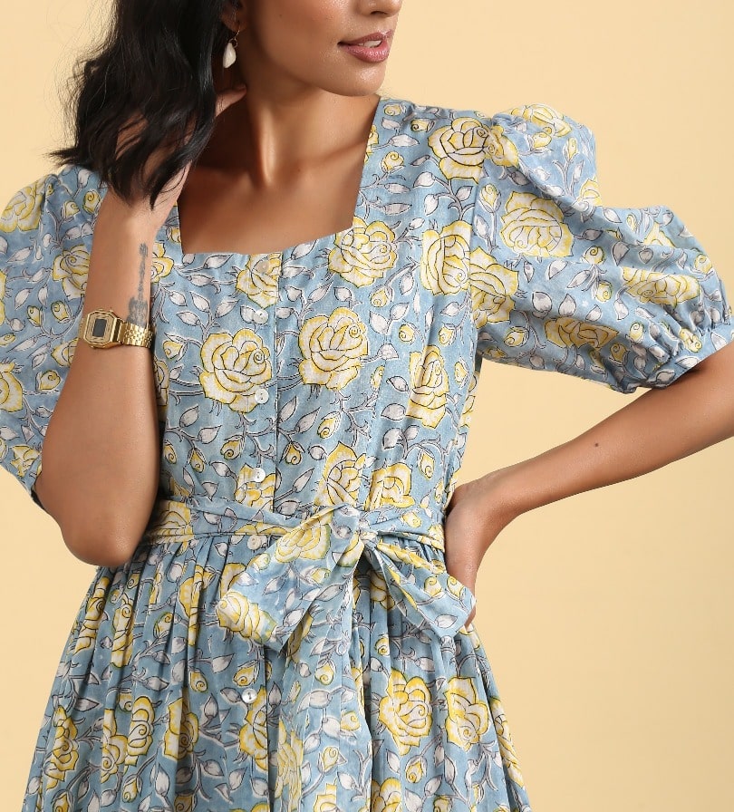 ON SALE- Yellow roses dress with pleats
