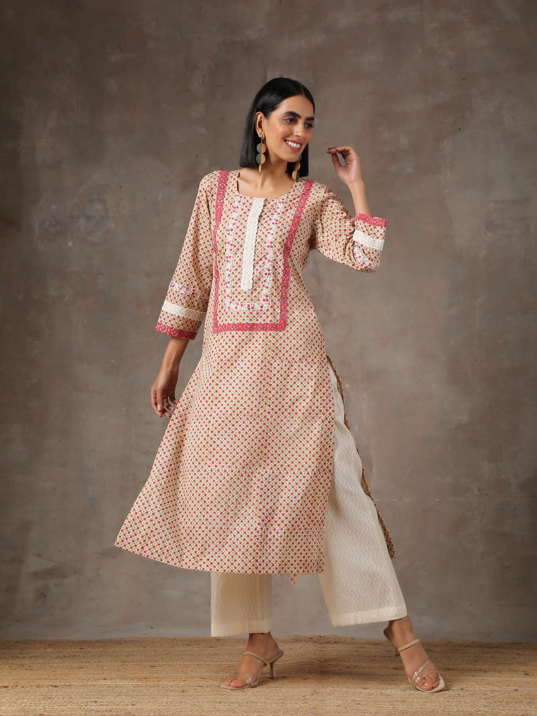 Floral printed kurta with double border yoke and cream textured pants - Label Raasleela