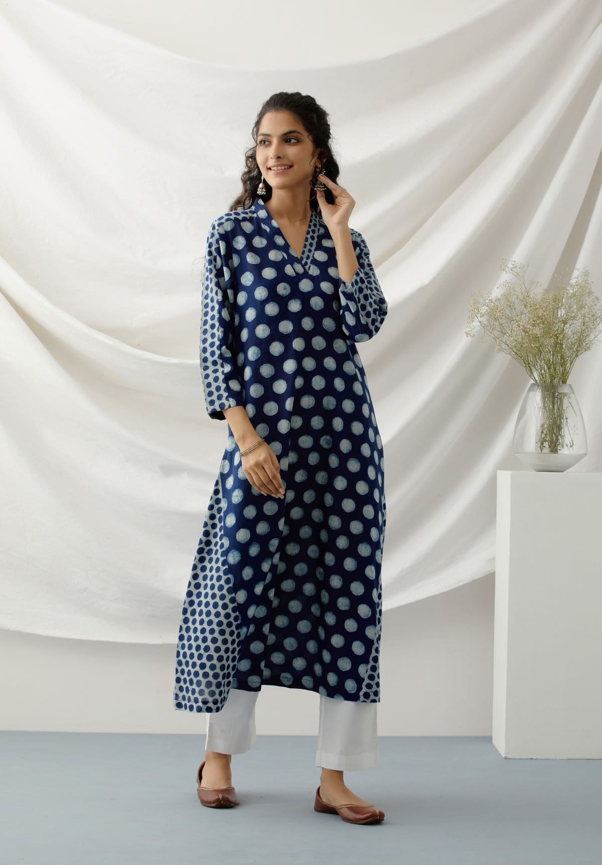 3/4th Sleeve Indigo Hand Block Printed Kurti, Occasion : Casual, Size : M,  XL, XXL at Rs 1,090 / Piece in Goa