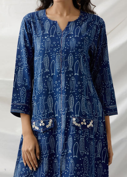 Dori- Indigo fish printed short dress