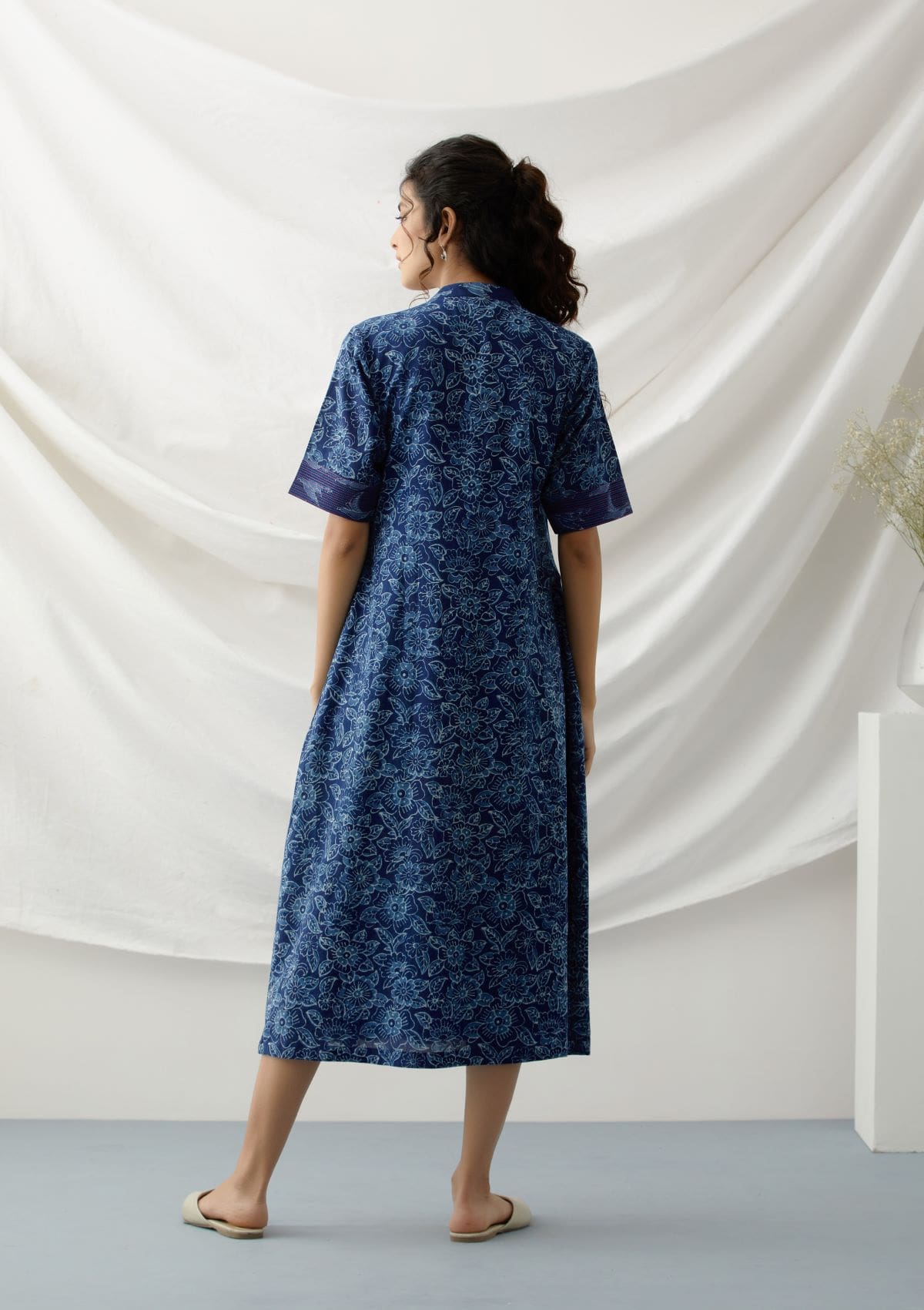 Blue Roses- Indigo Floral Kurta/Dress With Box Pleat XL