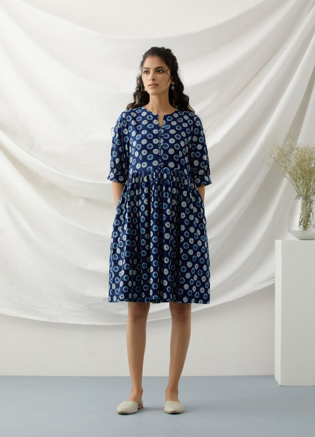 Baadal- Indigo polka dot short dress