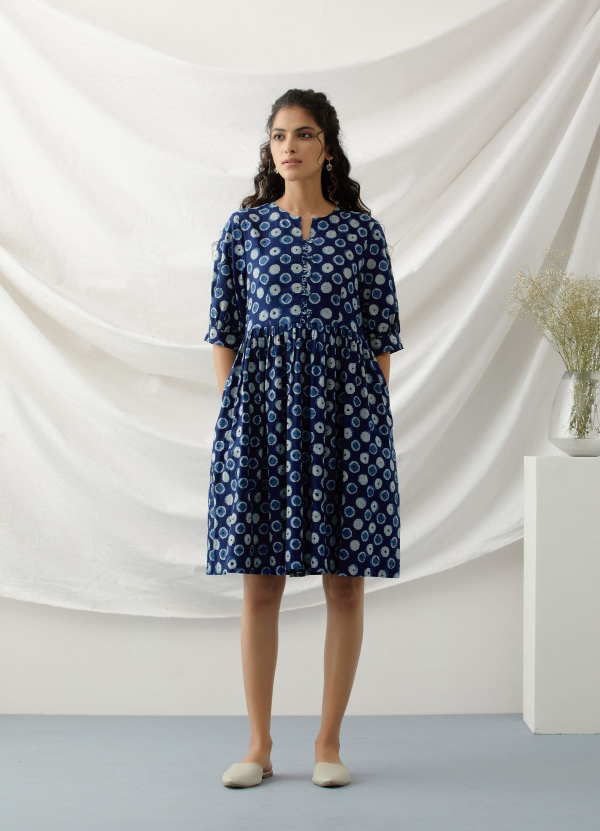 Baadal- Indigo polka dot short dress
