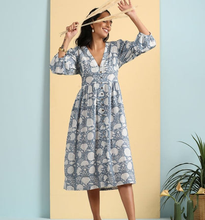 Dreamy deep neck block printed dress