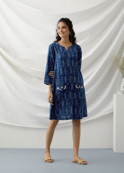 Dori- Indigo fish printed short dress