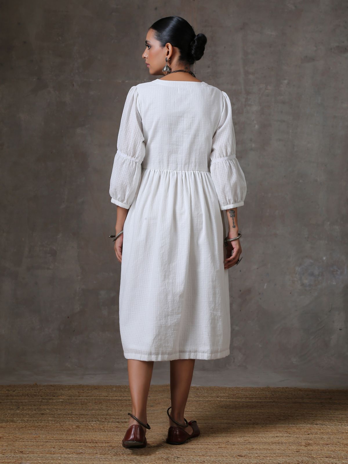 Luna- Deep neck white textured dress