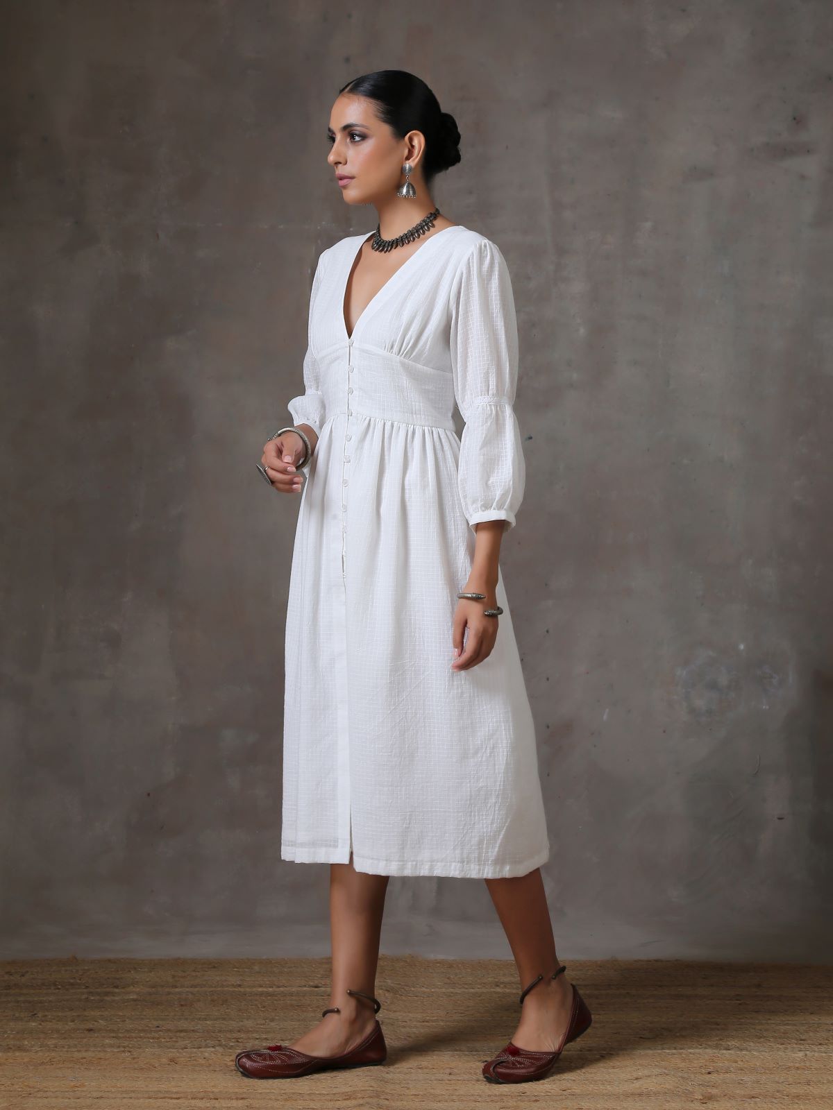 Luna- Deep neck white textured dress