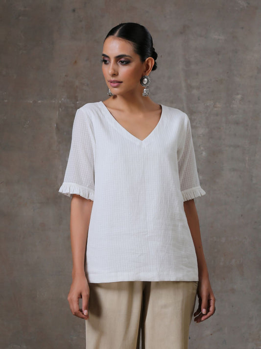 ON SALE- Milkyway- White textured top with frilly sleeves- SAMPLE SALE
