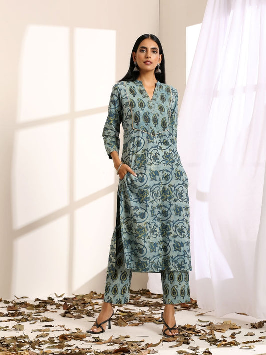 Blue paisley and floral straight kurta ONLY- SAMPLE SALE