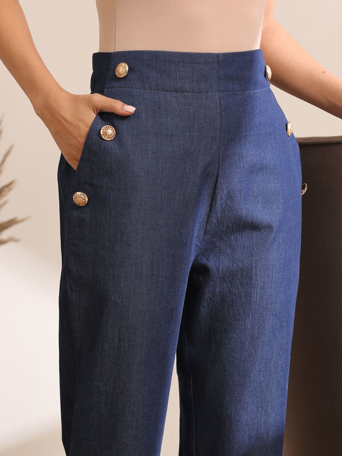 Basic - Dark denim straight fit pants with gold buttons