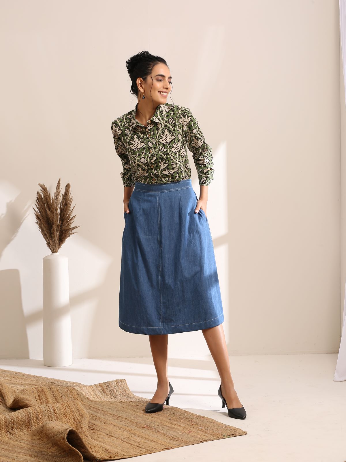 Alice- Green abstract shirt with light denim skirt